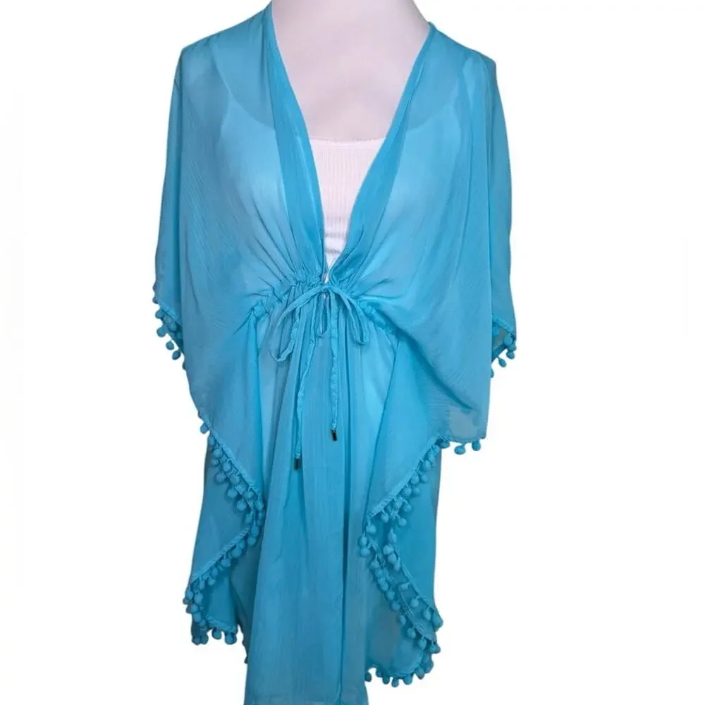 Bleu Pompons Sheer Rod Beattie Womens Mesh Swimsuit Cover-Up Kaftan Size Large